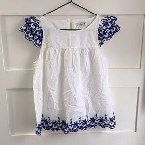 MADEWELL | EUC Story Top White with Blue Floral Embroidery Ruffle Cap Sleeve